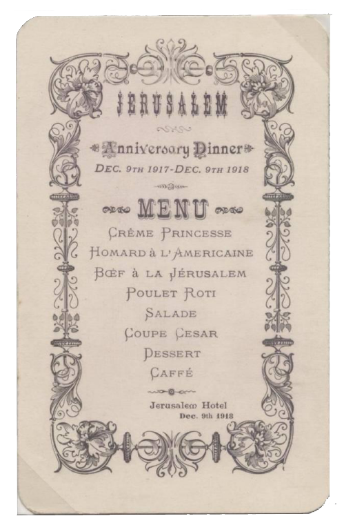 Jerusalem Hotel Historical menu